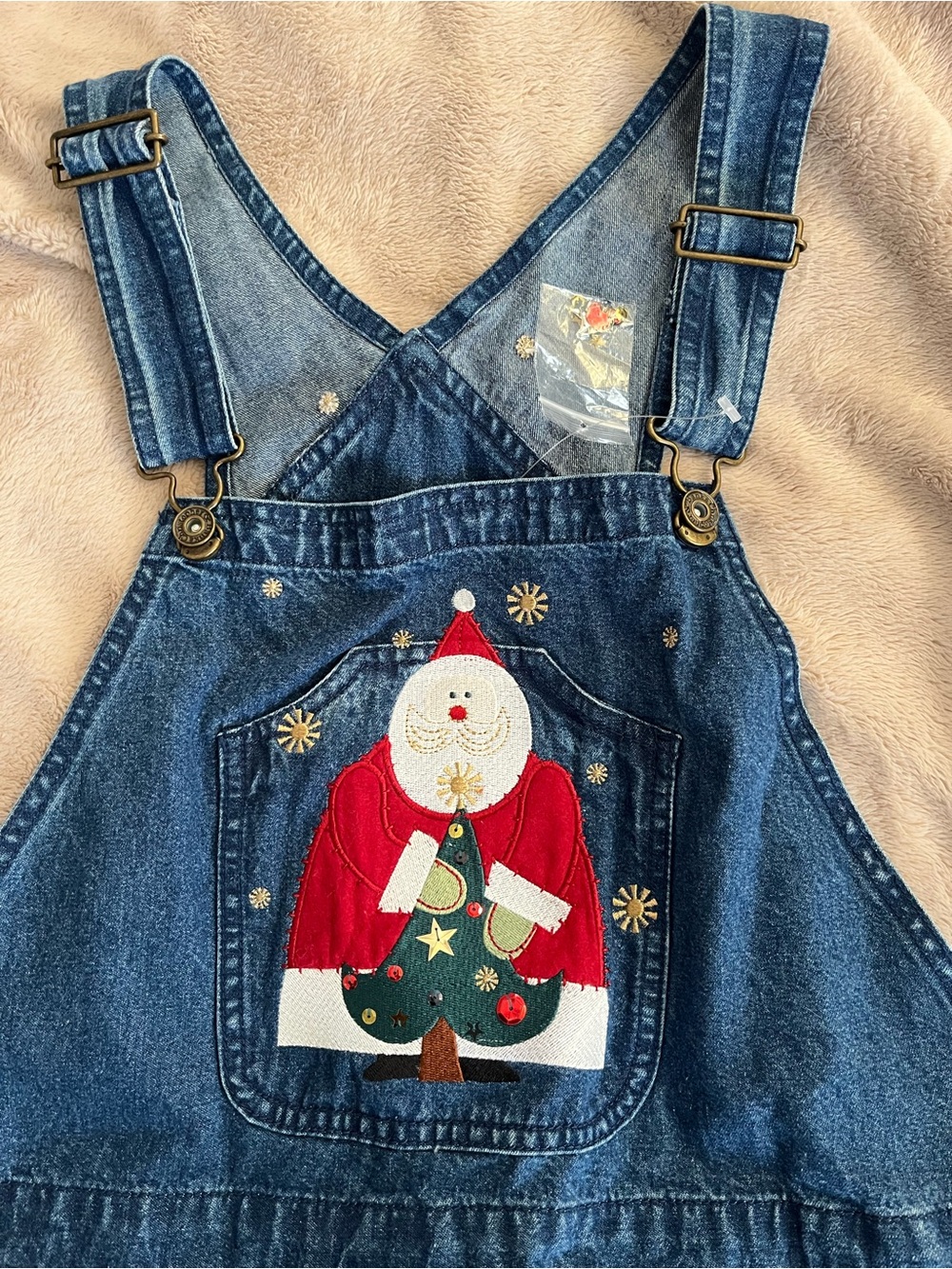 Blue Denim cotton women’s Overalls with Festive Christmas Santa Design